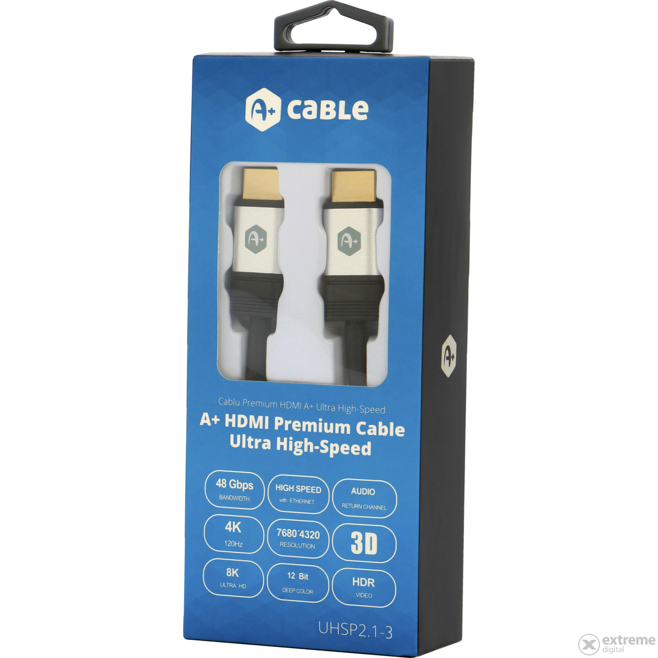 A+ UHSP2.1-3 HDMI 2.1 V kábel, male-male, 8K, pozlátený, 3 m