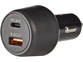 Nedis auto punjač, 3.0 A, USB (QC 3.0)/USB-C, 30W, crni