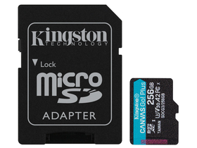 Kingston Canvas Go! Plus 256GB microSD memóriakártya + adapter, SDXC, Class 10, UHS-I U3