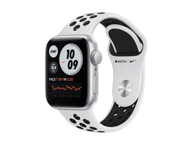 Apple Watch Nike SE (v2) GPS, 44 мм, сребро, бяло / черно със спортна каишка Nike