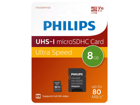 Philips 8GB microSDHC memóriakártya + SD adapter, Class 10, UHS-I, U1