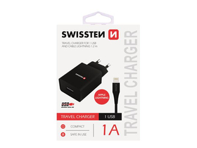 Swissten USB sieeťový adaptér, 1 A, čierny, s lighting káblom