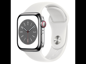 Apple Watch Series 8 Cellular, 45 mm, silbernes Edelstahlgehäuse, mit weißem Sportarmband