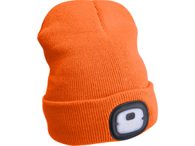 Extol čepice, neonově oranžová, pletená, s odnímatelnou LED čelovkou, 4×25 Lumen; USB dobíjecí Li-ion baterie, 3 funkce
