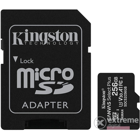 Kingston Canvas Select Plus 256GB MicroSDXC memóriakártya, + SD adapter, class 10