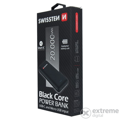 Swissten Black Core Power Bank 20000 mAh USB-C/microUSB