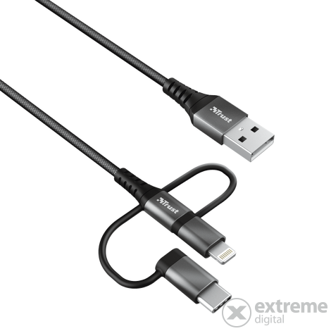 Trust Keyla Extra Strong 3in1 adat-és töltőkábel, fekete, 1m (USB - USB-C/Lightning/MicroUSB csatlakozó)