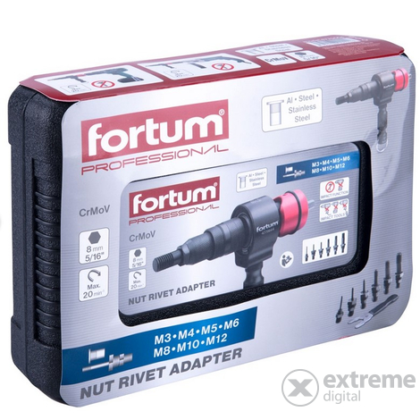 Sada adaptérů Fortum pro vrtačku, pro nýtovací matice POP-NUT, 6 ks, M3-M4-M5-M6-M8-M10-M12; 8 mm (5/16") vnitřní šestihran, FOR