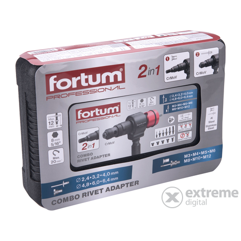 Sada adaptérů Fortum pro vrtačku, 2v1, pro trhací nýty a nýtovací matice POP-NUT, 15 ks, FORTUM