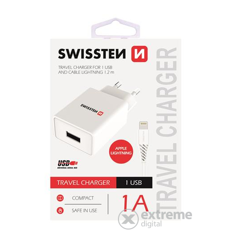Swissten USB hálózati töltő adapter, 1 A, fehér + lightning kábel