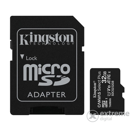 Kingston Canvas Select Plus 32GB MicroSDHC memóriakártya, + SD adapter, Class 10