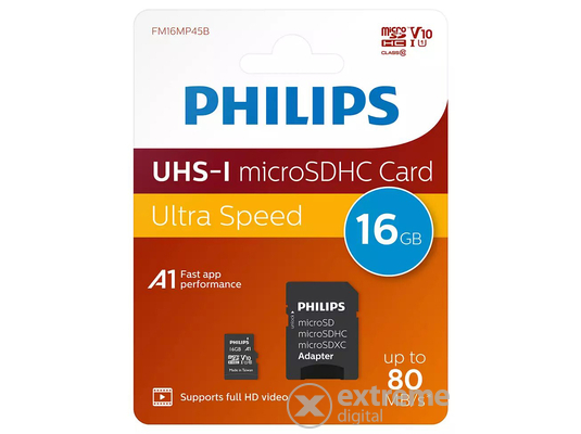 Philips 16Gb microSDHC memóriakártya + SD adapter, Class 10, UHS-I, U1