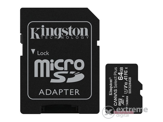 Kingston Canvas Select Plus 64GB MicroSDXC memóriakártya + SD adapter, Class 10